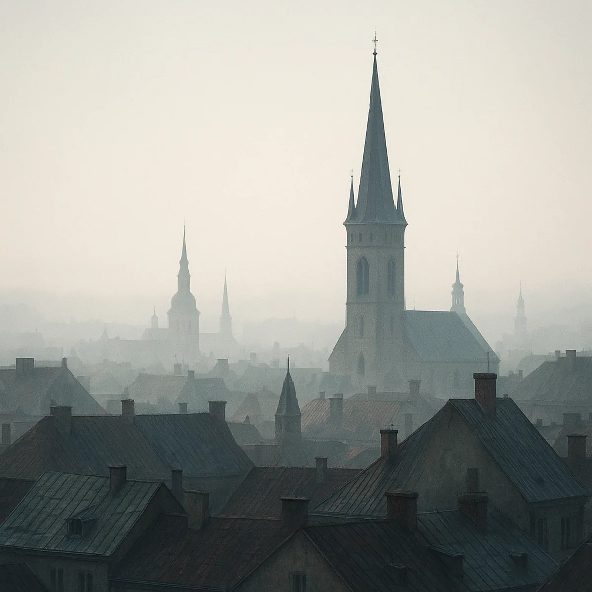 Rooftops and spires of a European city in soft morning light