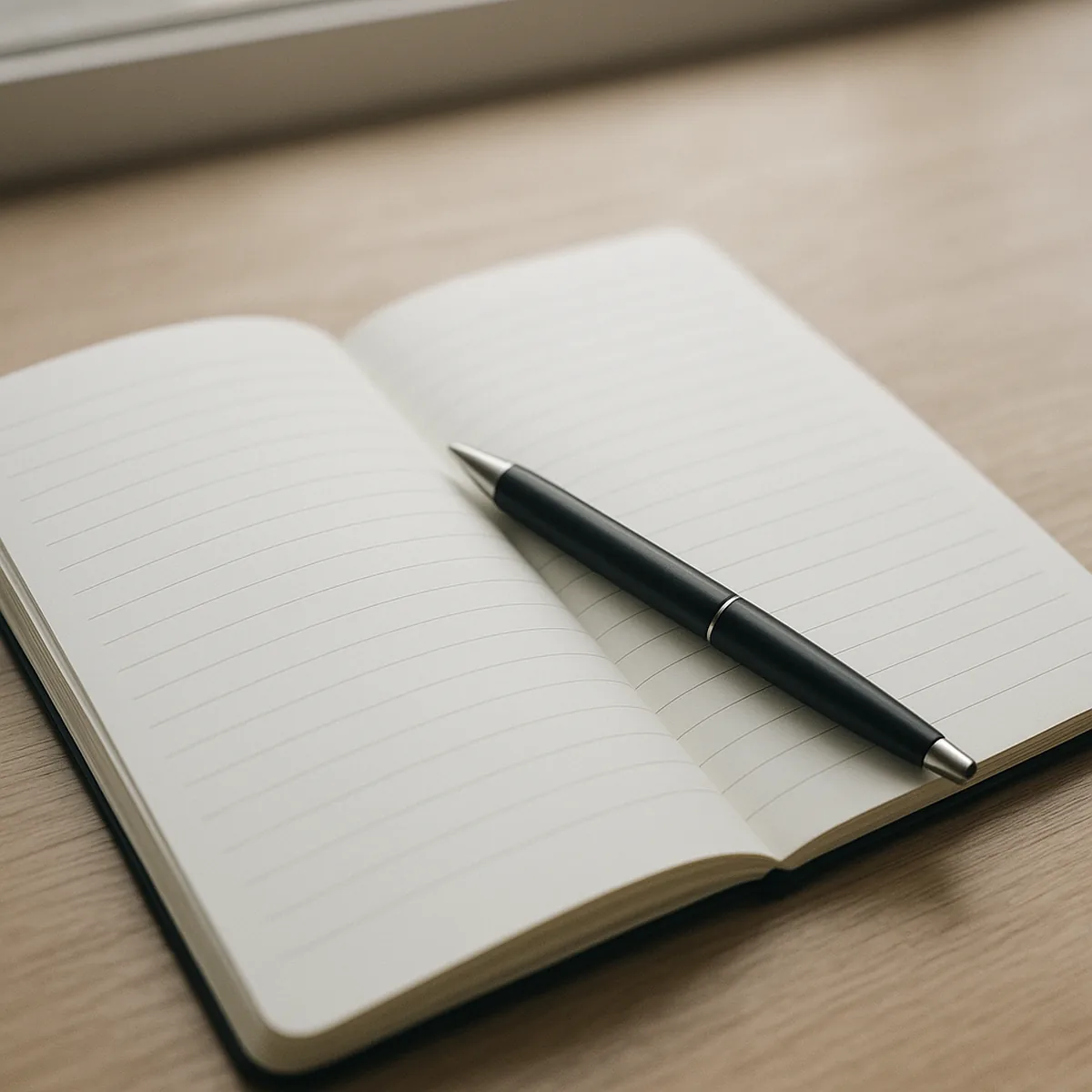 Open notebook with a pen on a desk